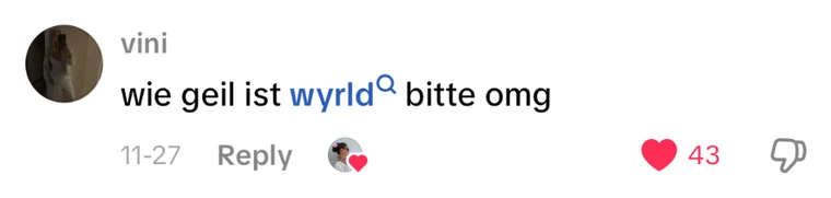 Kommentar von vini: „wie geil ist wyrld bitte omg“